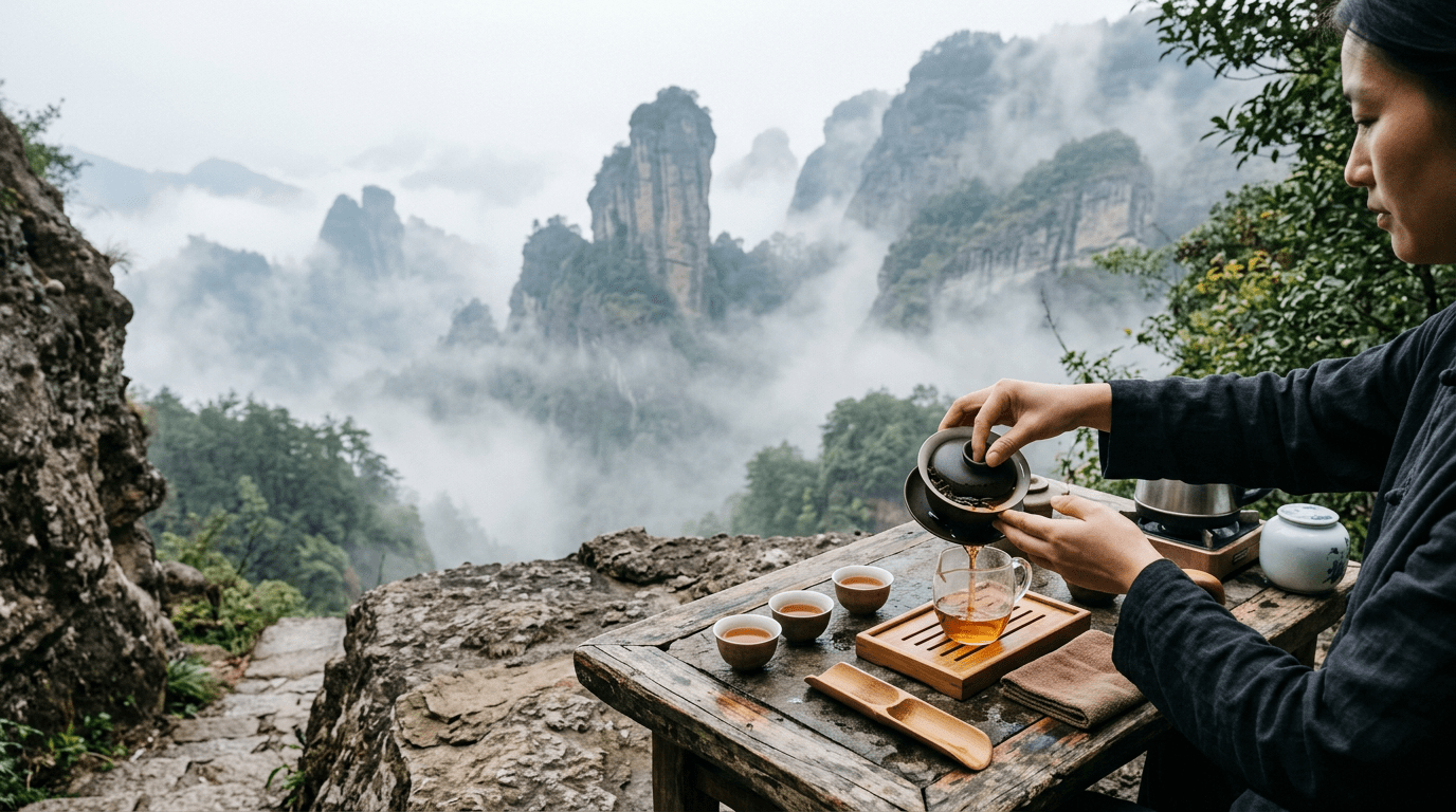 Person performing tea ceremony outdoors with three cups and misty mountains