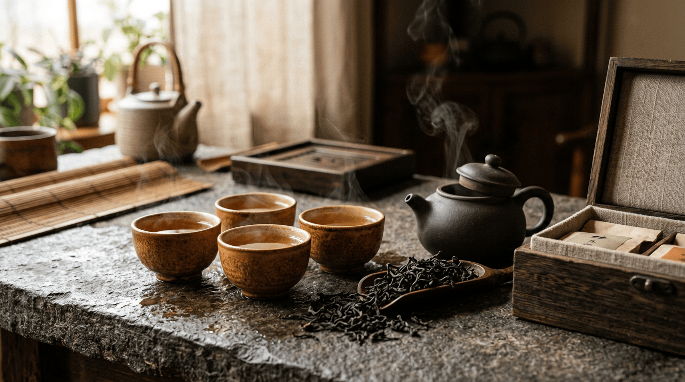 Steaming teapot, four tea cups, loose tea leaves, and tea box on a rustic table